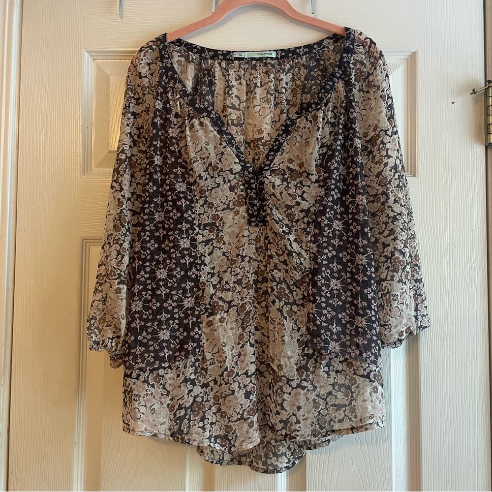 Maurices Size Small Cream Pink Brown Floral Sheer 3/4 Sleeve Tunic Top